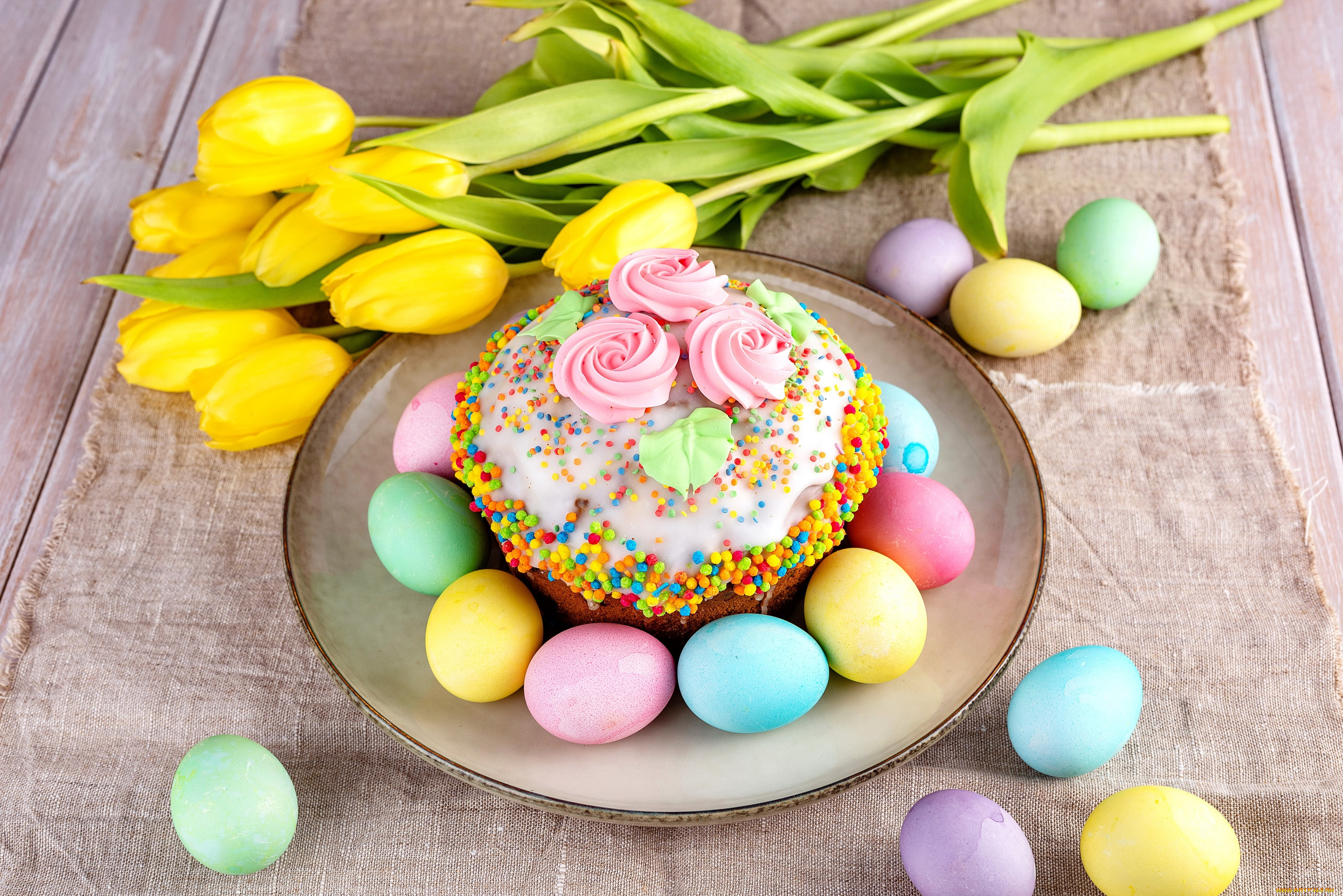 , , , , , colorful, , happy, cake, yellow, , flowers, tulips, spring, easter, eggs, decoration